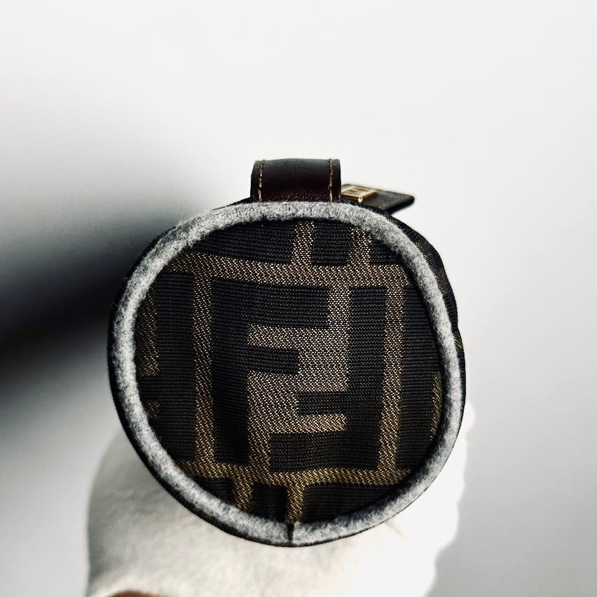Fendi Zucca Brown GHW FF Monogram Logo Roller Pochette Accessories Hobo Mini Bag