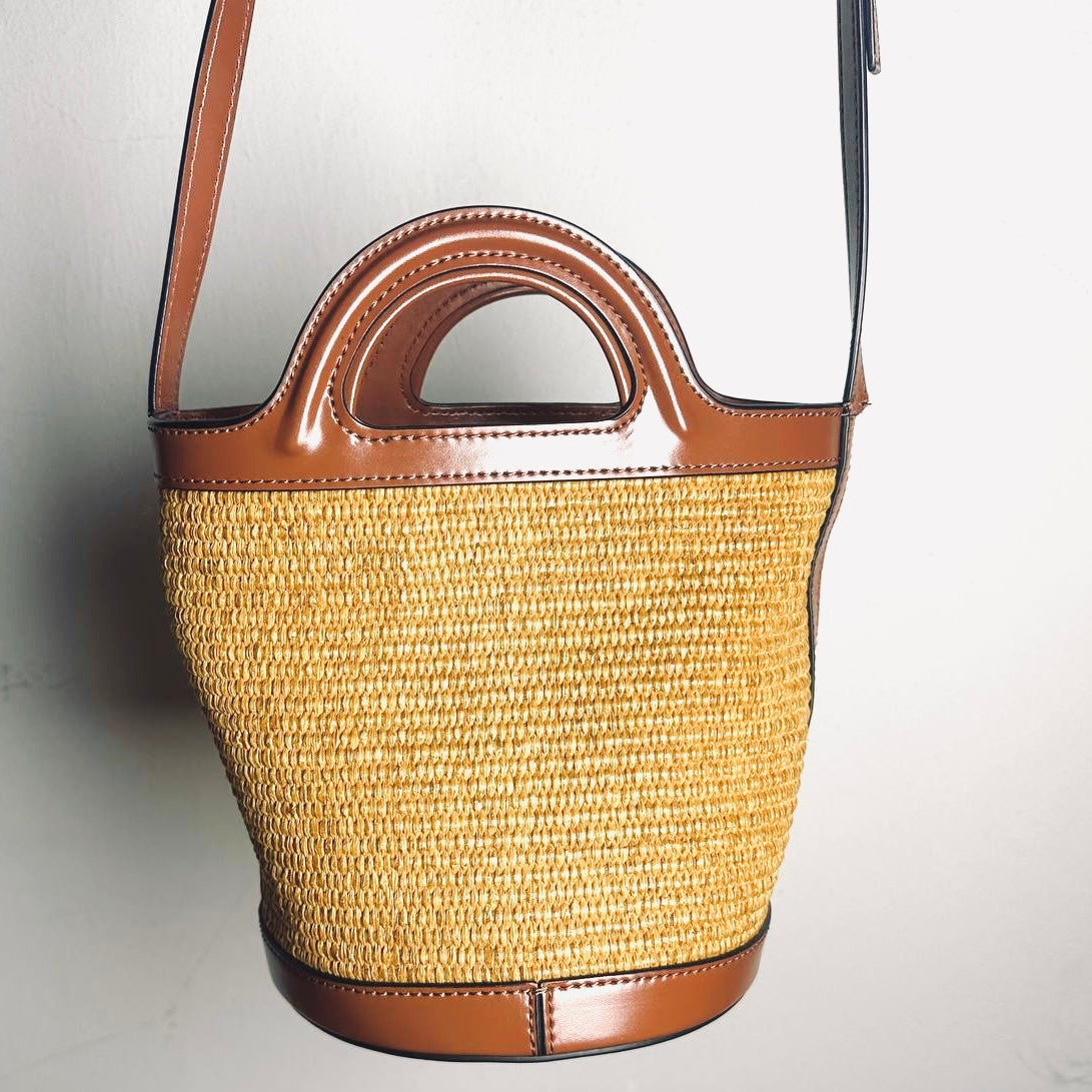 Marni Tropicalia Small Beige / Tan Monogram Logo Interwoven Raffia / Leather Basket Bucket 2-Way Shoulder Sling Tote Bag