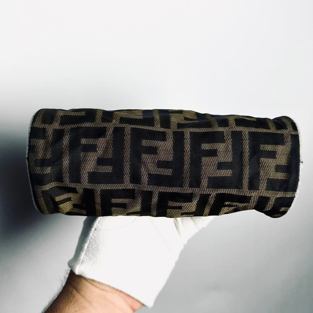 Fendi Zucca Brown GHW FF Monogram Logo Roller Pochette Accessories Hobo Mini Bag