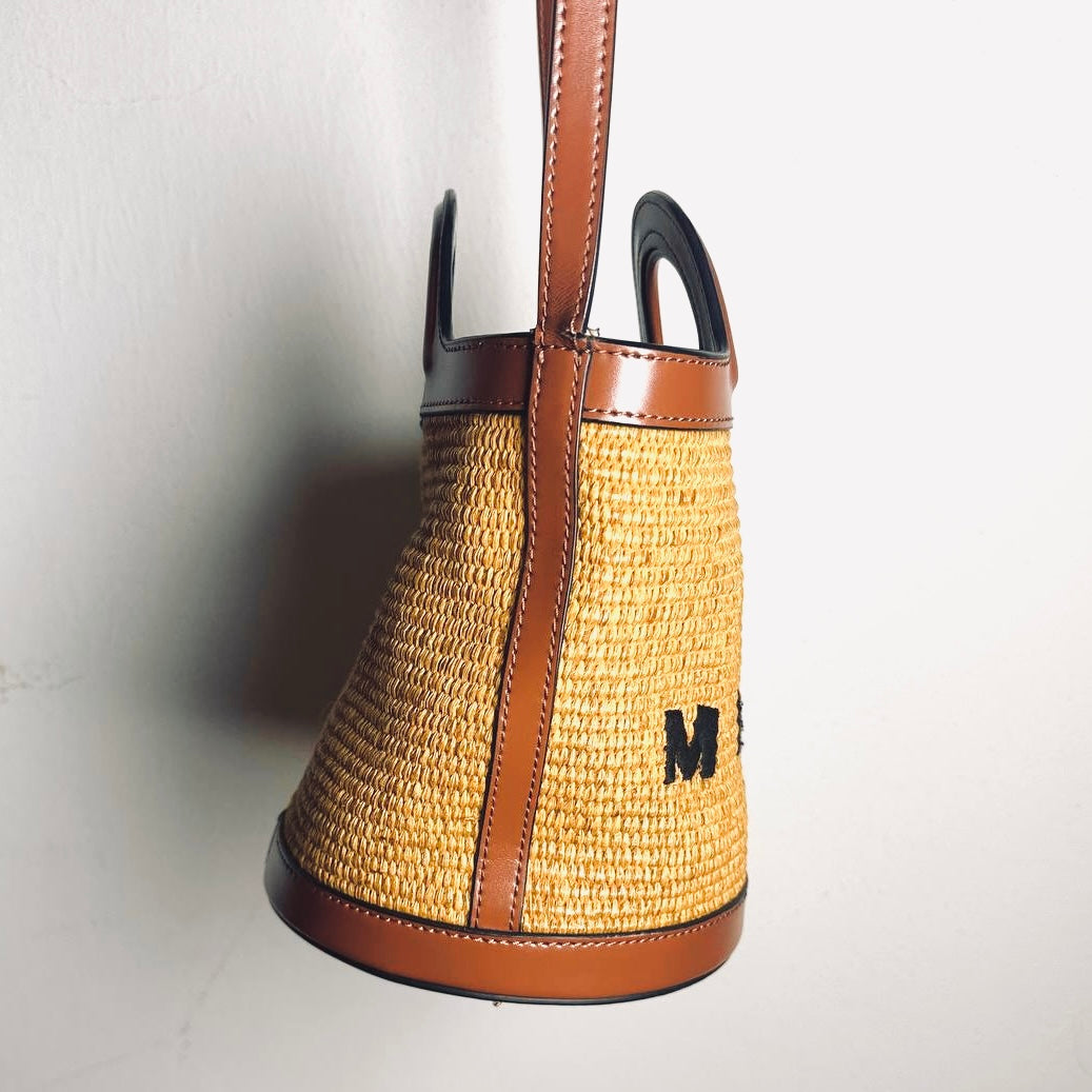 Marni Tropicalia Small Beige / Tan Monogram Logo Interwoven Raffia / Leather Basket Bucket 2-Way Shoulder Sling Tote Bag