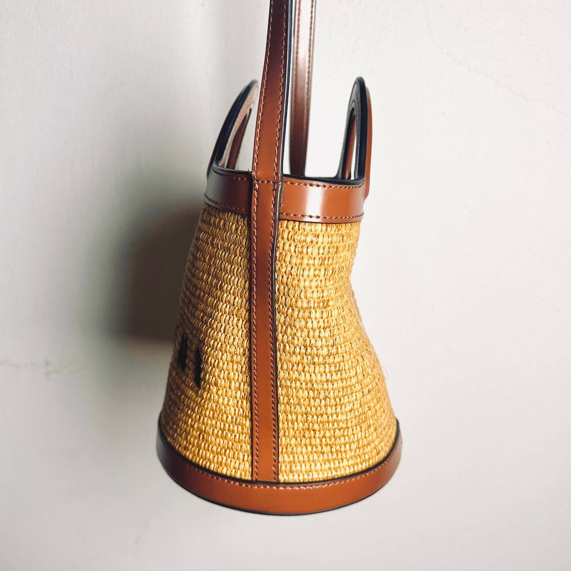 Marni Tropicalia Small Beige / Tan Monogram Logo Interwoven Raffia / Leather Basket Bucket 2-Way Shoulder Sling Tote Bag