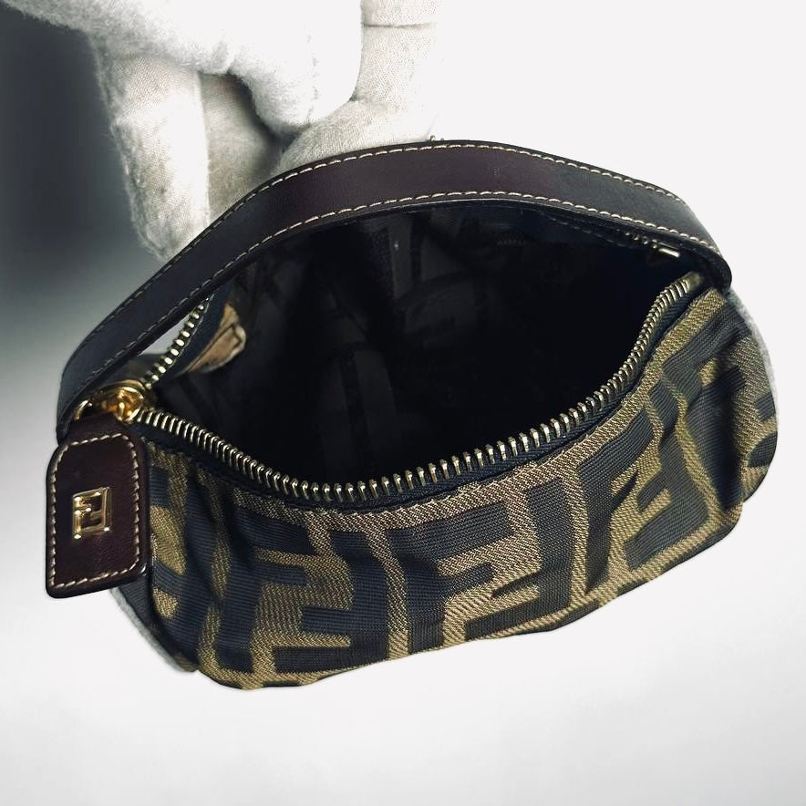 Fendi Zucca Brown GHW FF Monogram Logo Roller Pochette Accessories Hobo Mini Bag
