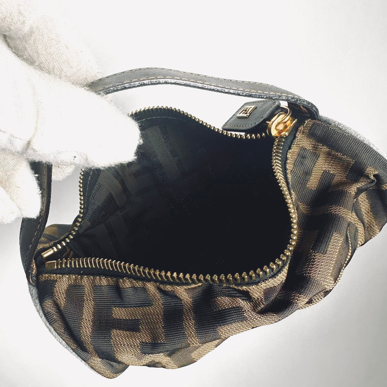 Fendi Zucca Brown GHW FF Monogram Logo Roller Pochette Accessories Hobo Mini Bag