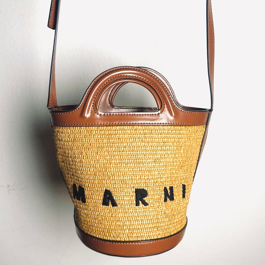 Marni Tropicalia Small Beige / Tan Monogram Logo Interwoven Raffia / Leather Basket Bucket 2-Way Shoulder Sling Tote Bag