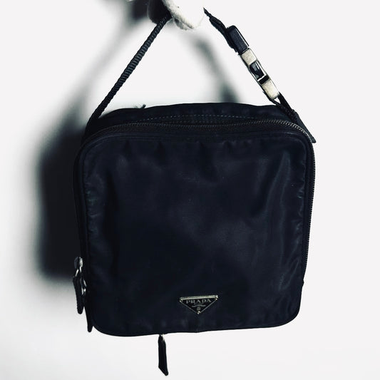 Prada Black Tessuto Monogram Logo Top Handle Hobo Pochette Vanity Case Bag