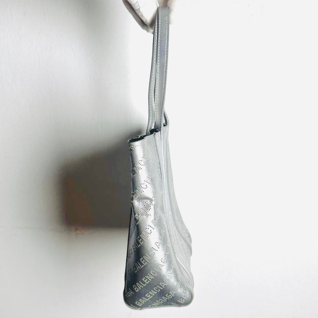 Balenciaga Metallic Silver Everyday XXS Monogram Logo 2-Way Shoulder Shopper Perforated Leather Tote Bag