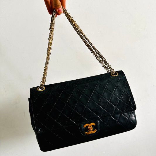 Chanel CC Black GHW Logo Medium Classic Double Flap DF Quilted Lambskin Turnlock Vintage Mademoiselle Reissue Bijoux Chain Shoulder Sling Bag Pre Series
