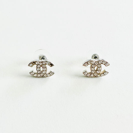 Chanel Classic CC Logo Silver & Crystals Stud Vintage Earrings