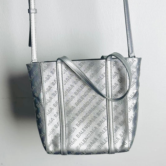 Balenciaga Metallic Silver Everyday XXS Monogram Logo 2-Way Shoulder Shopper Perforated Leather Tote Bag
