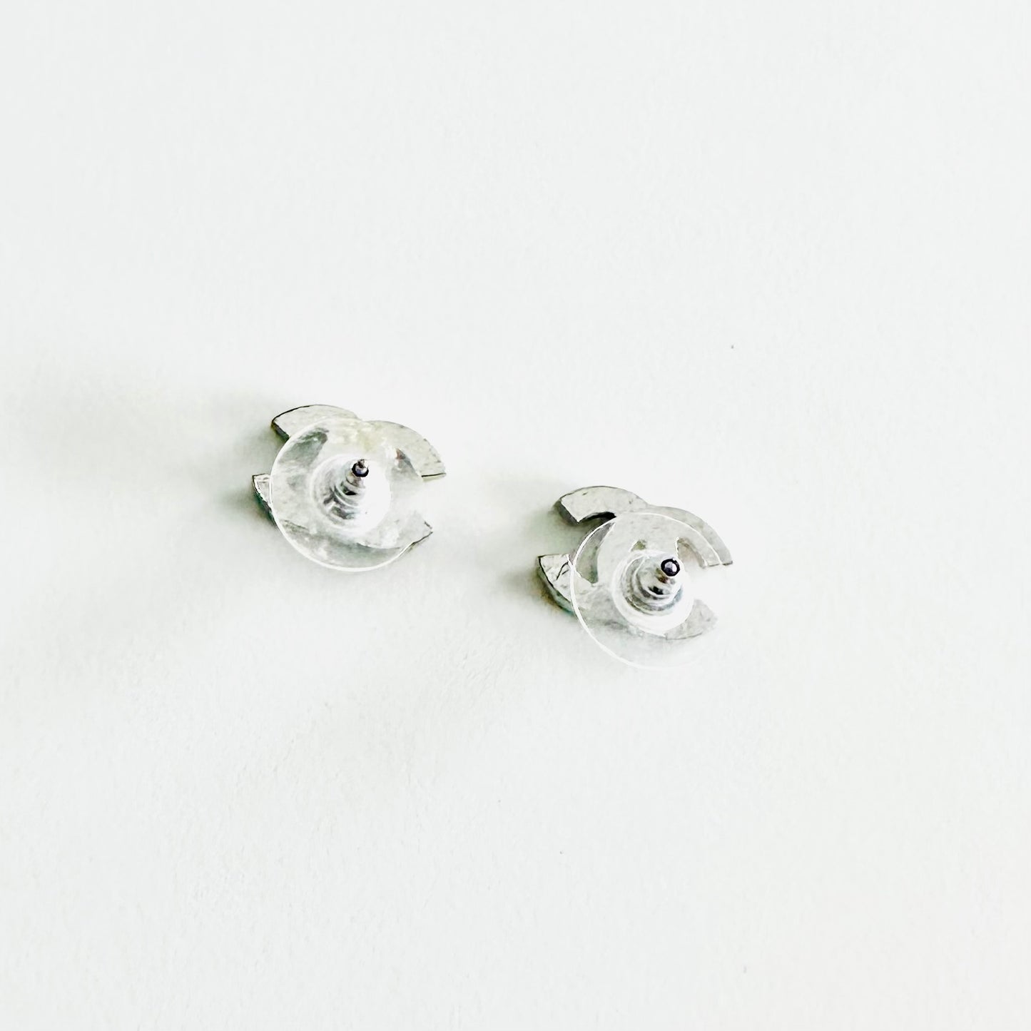 Chanel Classic CC Logo Silver & Crystals Stud Vintage Earrings