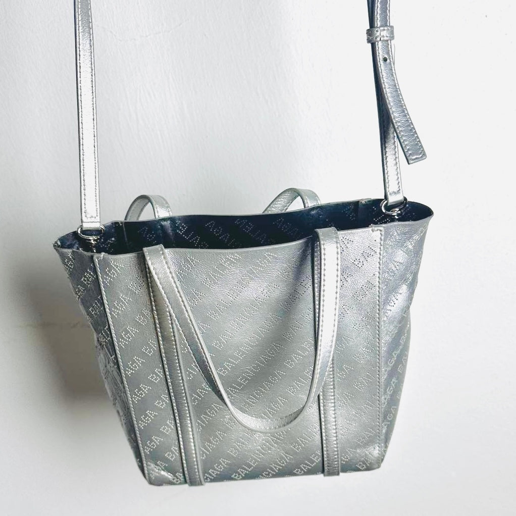 Balenciaga Metallic Silver Everyday XXS Monogram Logo 2-Way Shoulder Shopper Perforated Leather Tote Bag