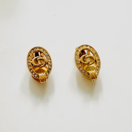 Christian Dior CD Monogram Logo Gold Crystals Oval Vintage Clip On Earrings