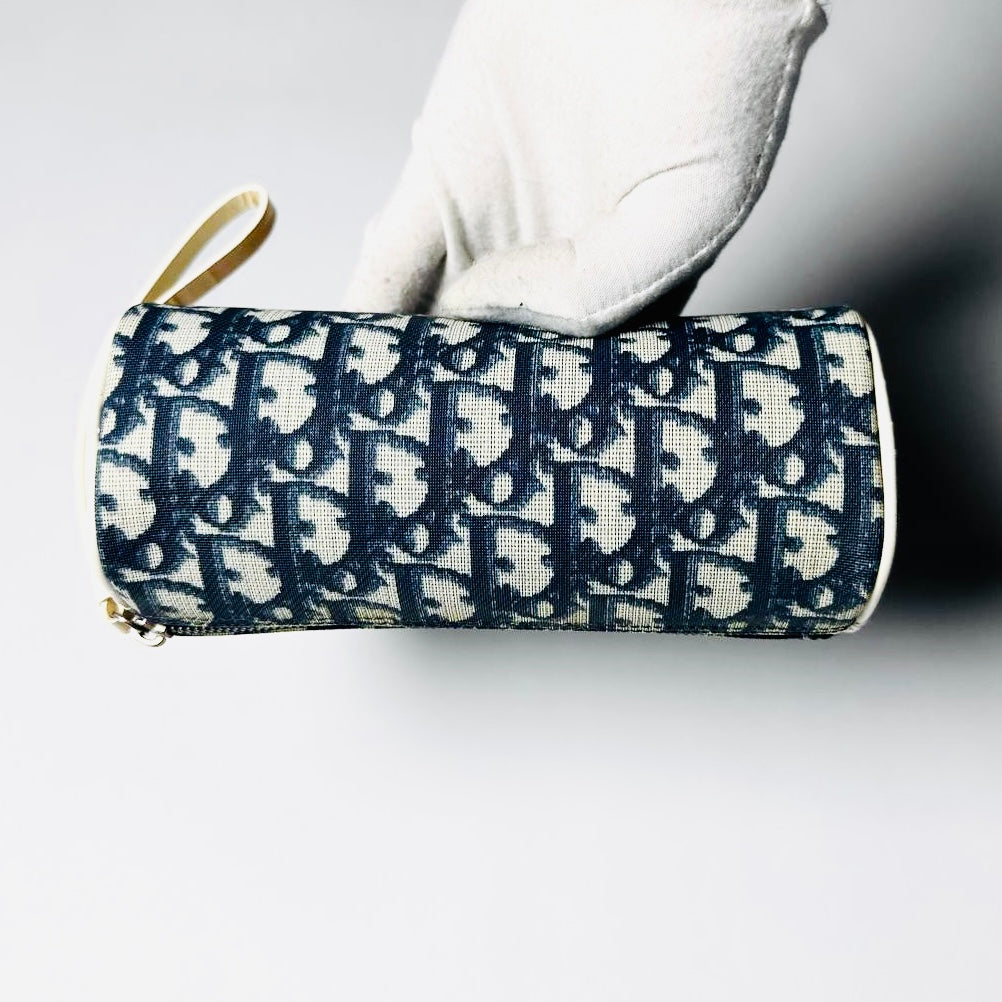 Christian Dior CD Navy Blue Oblique Monogram Logo Roller Papillon Wrislet Pouch Case Clutch