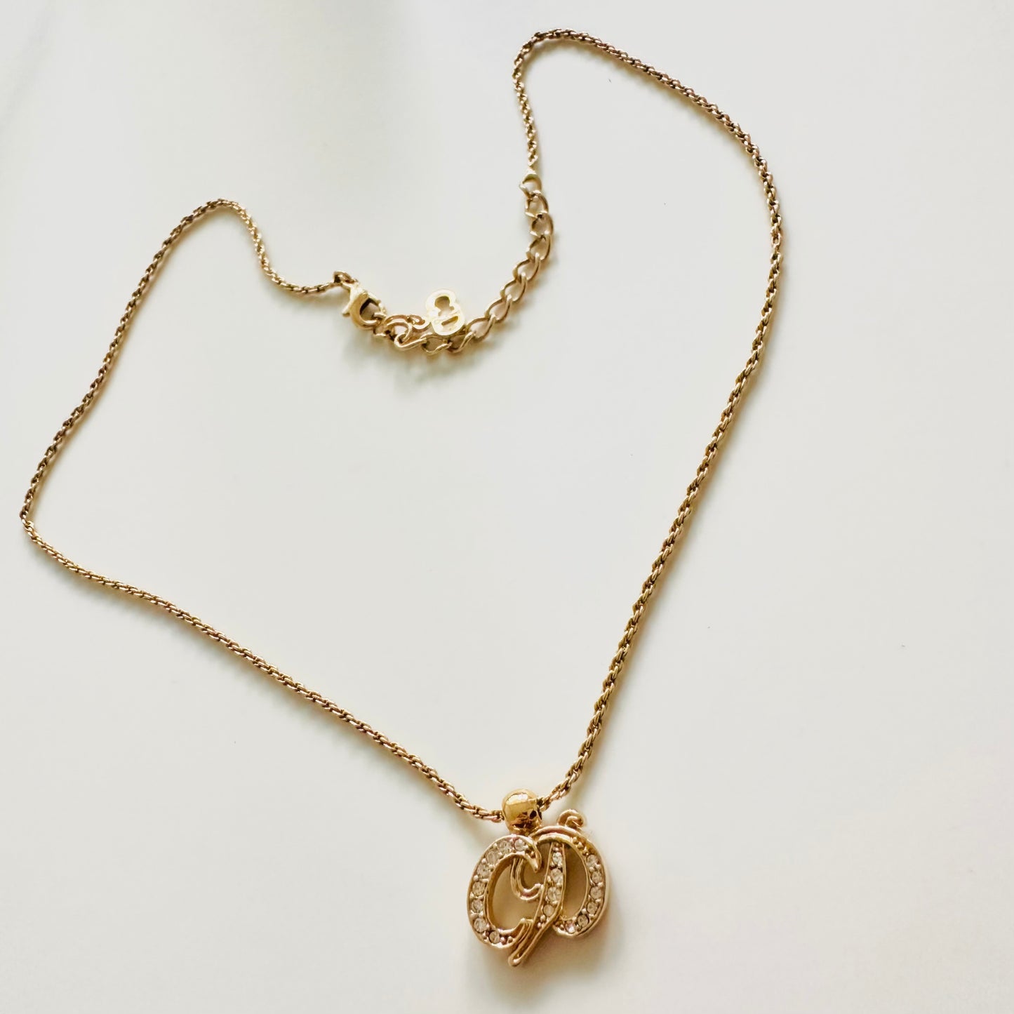 Christian Dior CD Giant Monogram Logo Pendant Light Gold & Crystals Vintage Necklace
