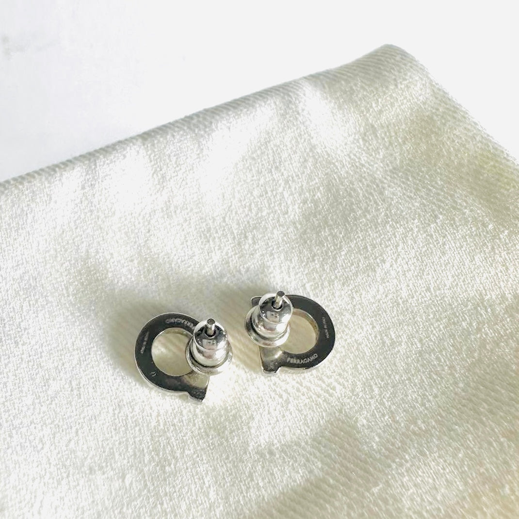 Salvatore Ferragamo Gancini Monogram Logo Silver & Crystals Stud Earrings
