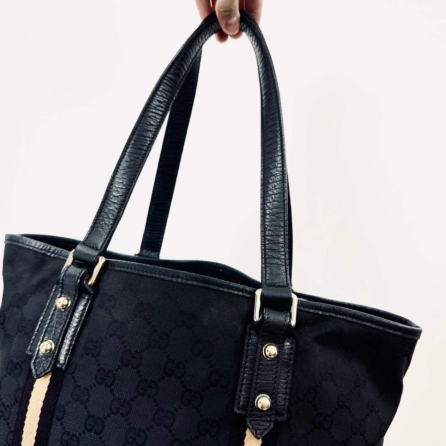 Gucci Black GHW GG Monogram Logo Sherry Charm Web Striped Shopper Shoulder Tote Bag