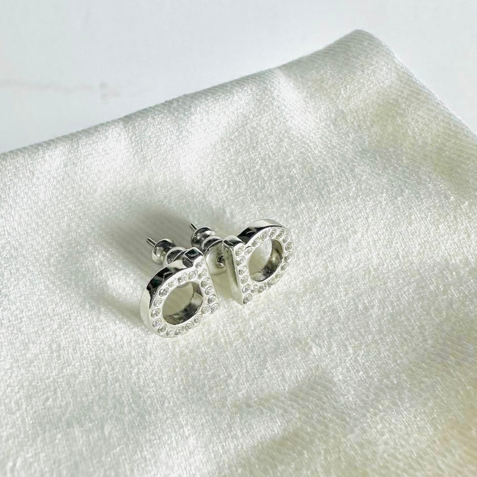 Salvatore Ferragamo Gancini Monogram Logo Silver & Crystals Stud Earrings