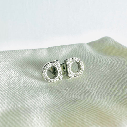 Salvatore Ferragamo Gancini Monogram Logo Silver & Crystals Stud Earrings