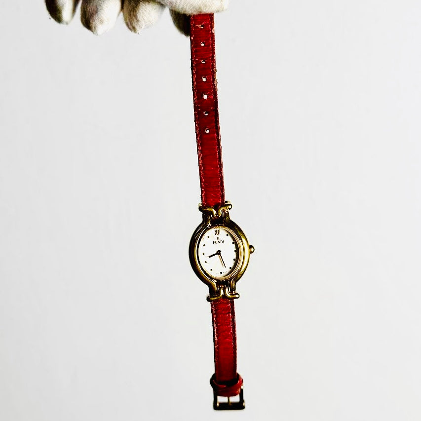 Fendi Gold Stainless Steel Oval Dial Leather Strap 24MM Watch