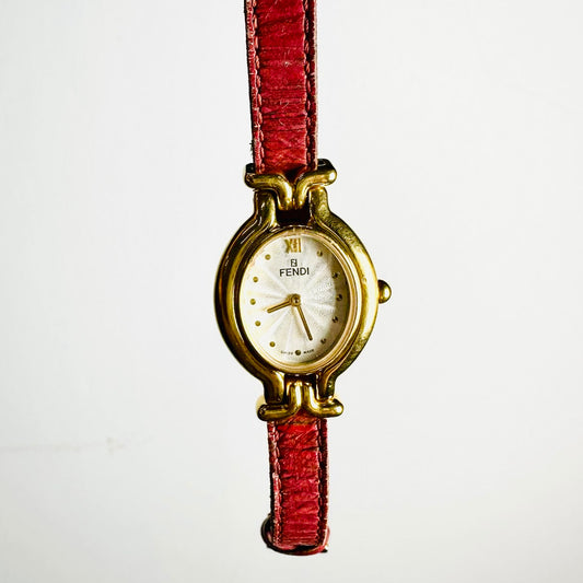 Fendi Gold Stainless Steel Oval Dial Leather Strap 24MM Watch