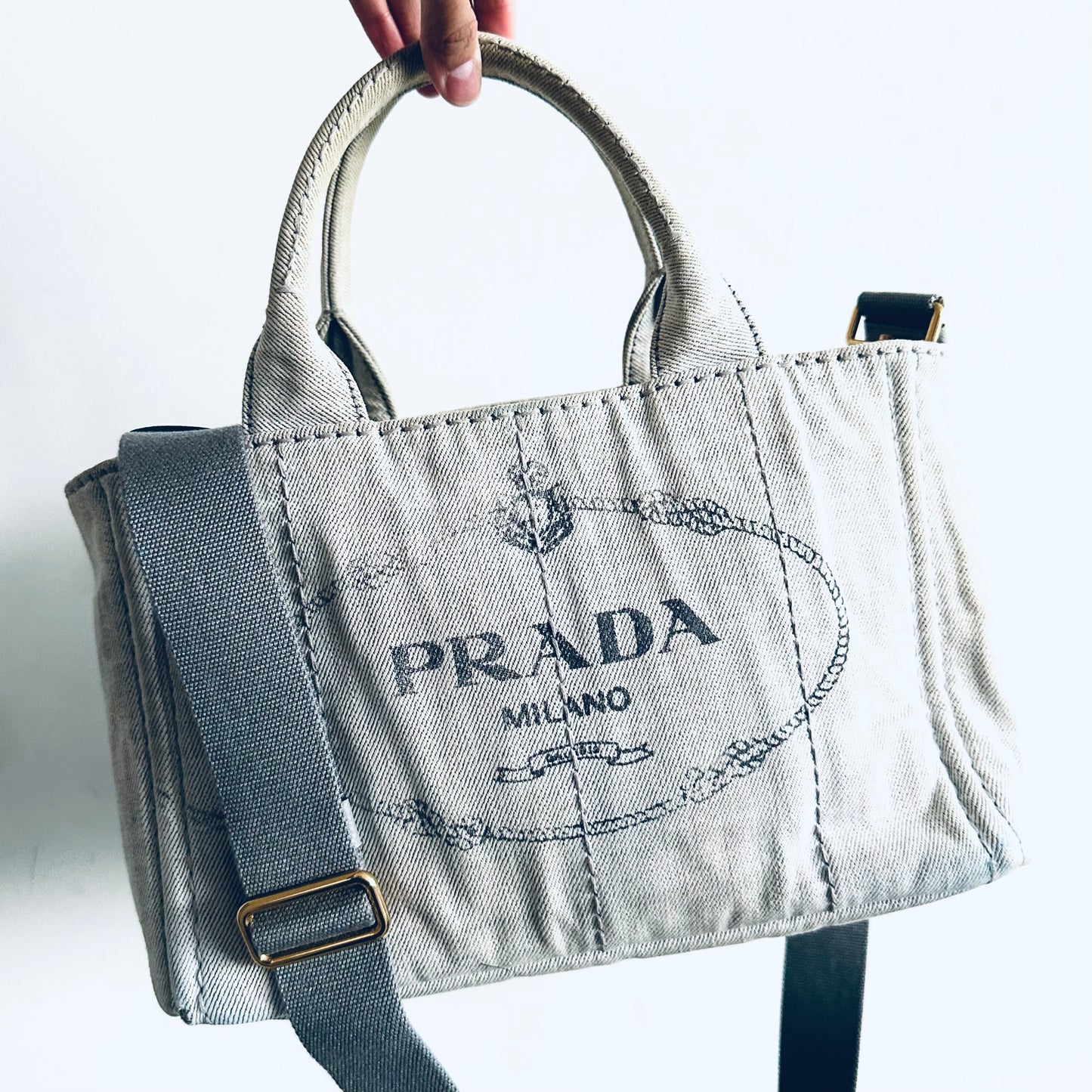 Prada Light Denim GHW Canapa Small Classic Logo 2-Way Structured Shopper Shoulder Sling Tote Bag