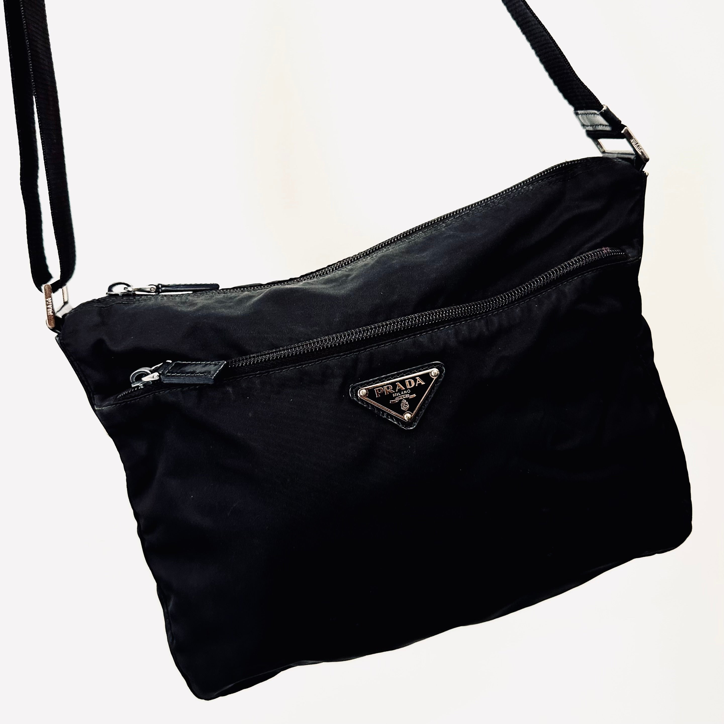 Prada Black Utility Vela Sport Logo Classic Nylon Leather Zip Shoulder Sling Bag