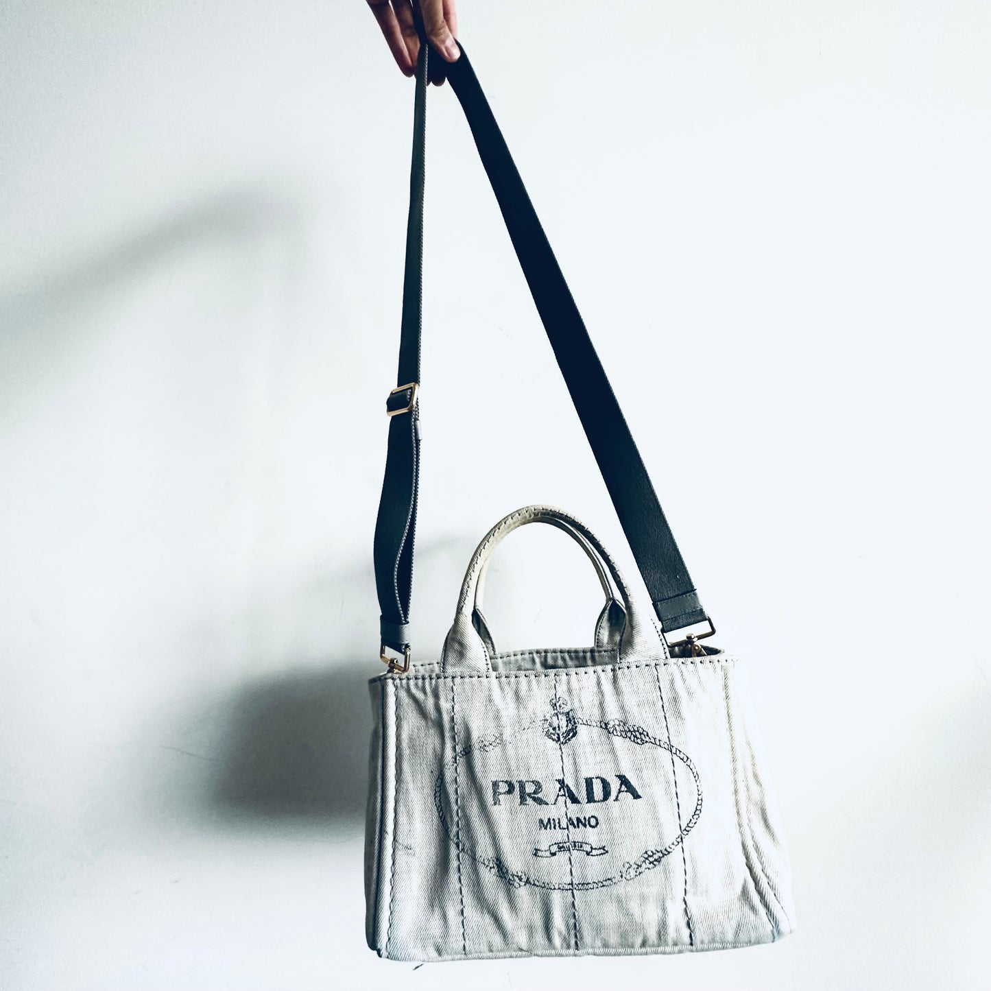 Prada Light Denim GHW Canapa Small Classic Logo 2-Way Structured Shopper Shoulder Sling Tote Bag