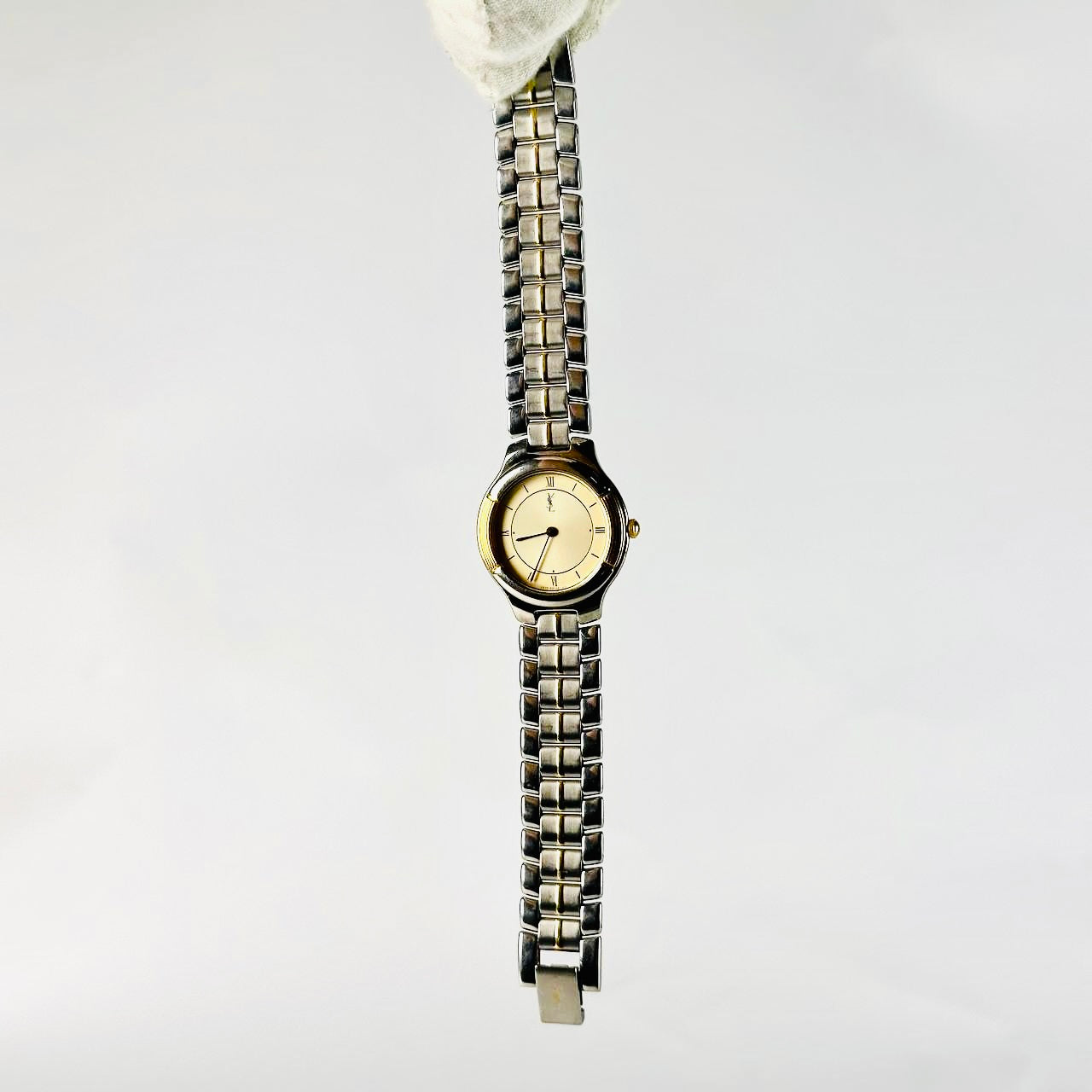 YSL Yves Saint Laurent Gold & Stainless Steel Round Monogram Logo Two Tone 29MM Quartz Watch