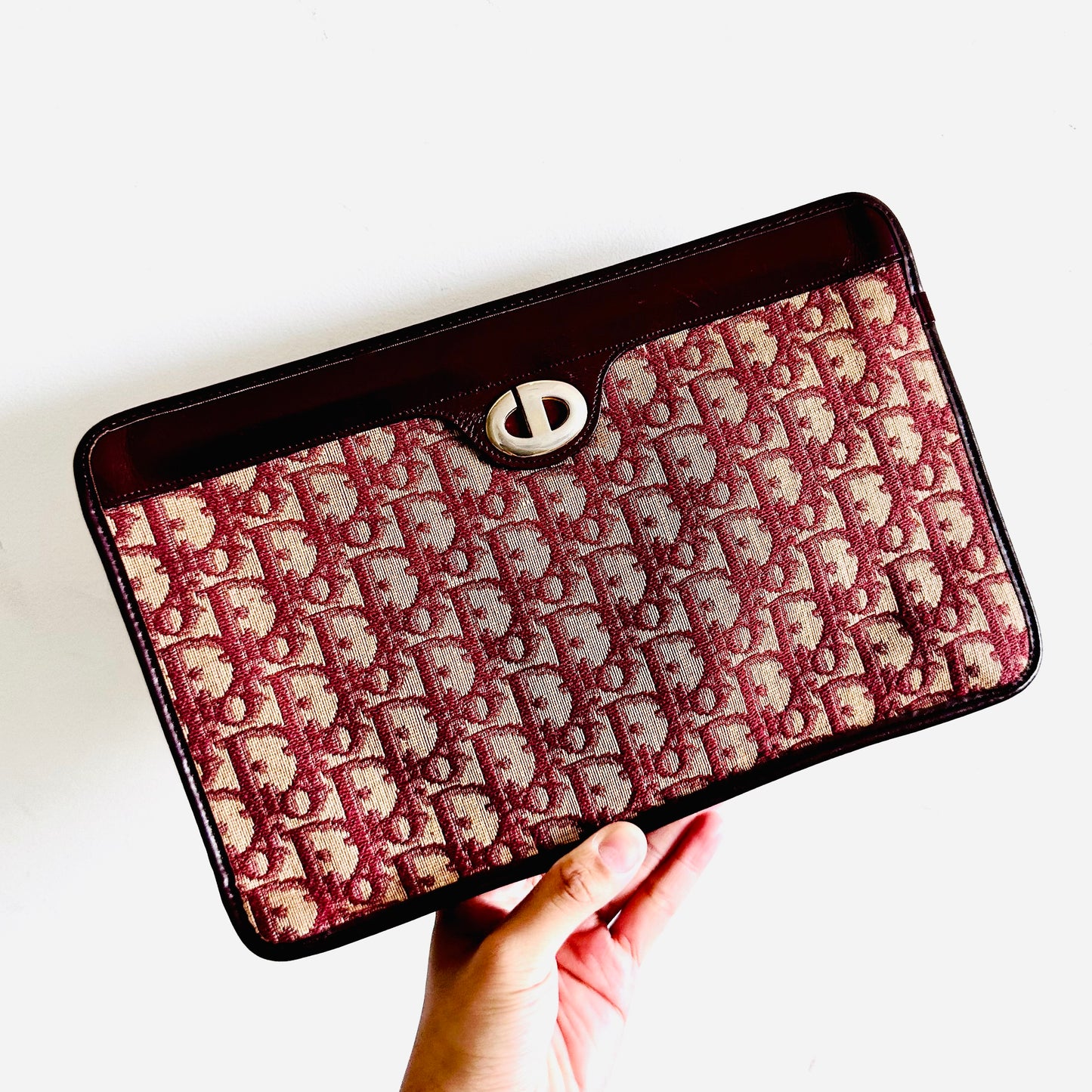 Christian Dior CD Maroon Red GHW Oblique Monogram Logo Clutch Pouch Case