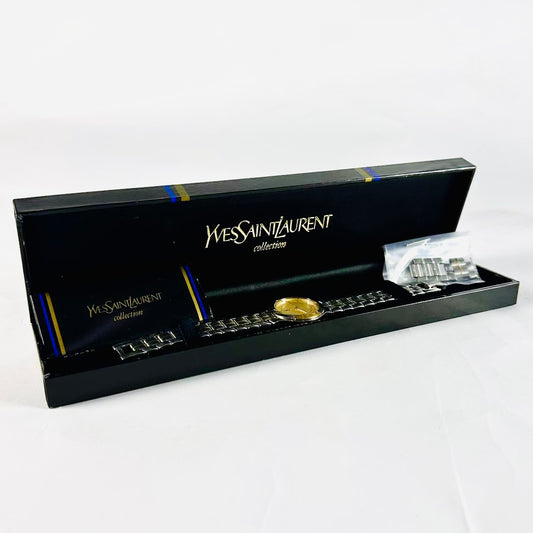 YSL Yves Saint Laurent Gold & Stainless Steel Round Monogram Logo Two Tone 29MM Quartz Watch