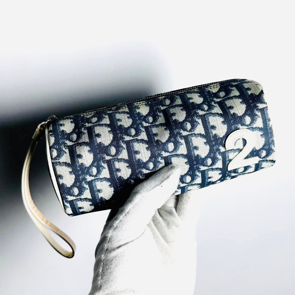 Christian Dior CD Navy Blue Oblique Monogram Logo Roller Papillon Wrislet Pouch Case Clutch