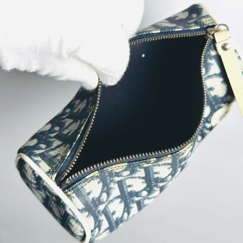 Christian Dior CD Navy Blue Oblique Monogram Logo Roller Papillon Wrislet Pouch Case Clutch