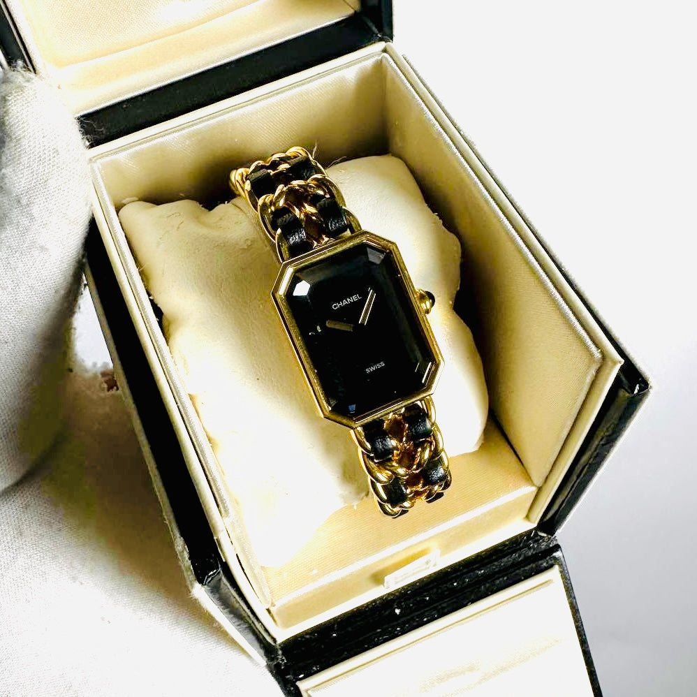 Chanel CC Premiere Black GHW Monogram Logo Black Rectangle Dial Quilted Matelasse Stainless Steel Chain Bracelet 20MM Quartz Watch