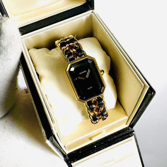 Chanel CC Premiere Black GHW Monogram Logo Black Rectangle Dial Quilted Matelasse Stainless Steel Chain Bracelet 20MM Quartz Watch