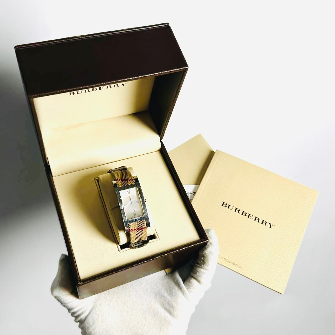 Burberry Heritage White Rectangular Dial Nova Check Checkered Plaid & Leather Strap Quartz 24MM Watch