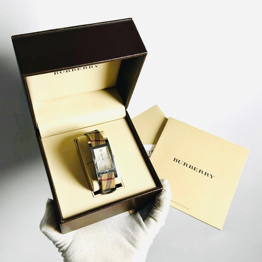 Burberry Heritage White Rectangular Dial Nova Check Checkered Plaid & Leather Strap Quartz 24MM Watch