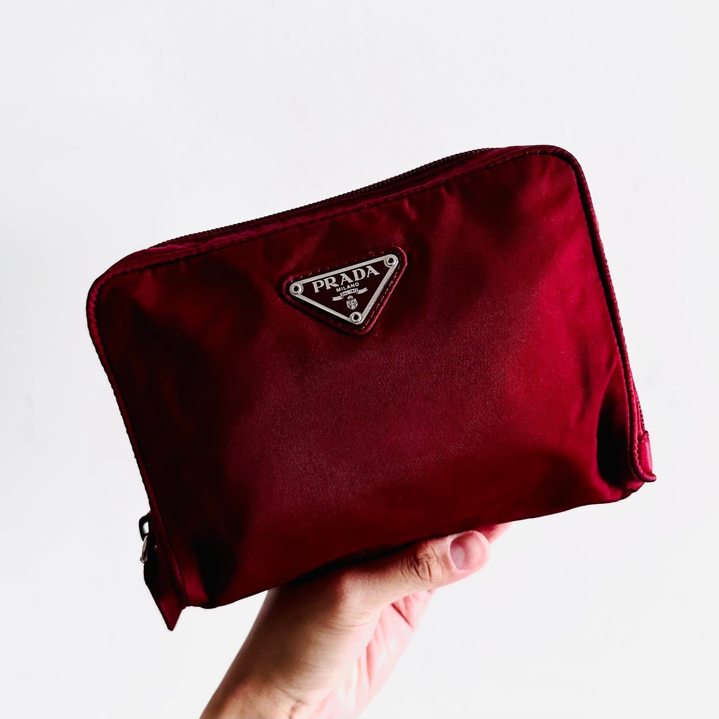 Prada Maroon Red Tessuto Monogram Logo Classic Nylon Zip Clutch Pouch Case