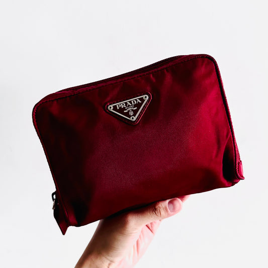 Prada Maroon Red Tessuto Monogram Logo Classic Nylon Zip Clutch Pouch Case