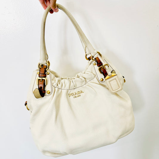 Prada Talco White Cervo Antik GHW Ruched Classic Monogram Logo Leather Hobo Baguette Shopper Shoulder Tote Bag