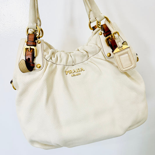 Prada Talco White Cervo Antik GHW Ruched Classic Monogram Logo Leather Hobo Baguette Shopper Shoulder Tote Bag