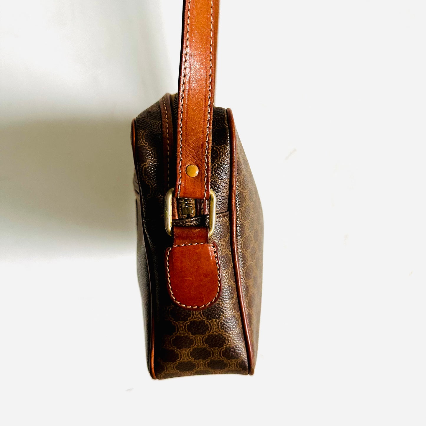 Celine Brown Triomphe Macadam Monogram Logo GHW Vintage Zip Shoulder Sling Bag