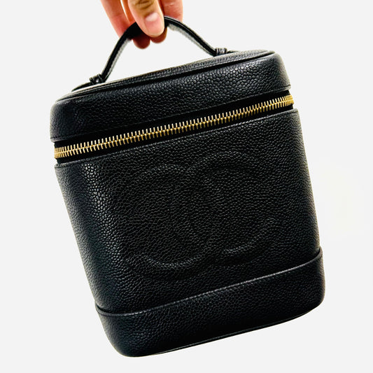 Chanel Black GHW Giant CC Monogram Logo Caviar Leather Vertical Tall Vanity Case Vintage Top Handle Bag 3s