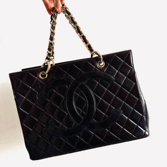 Chanel Black GHW GST Giant CC Monogram Logo Quilted Lambskin Vintage Shopper Shoulder Tote Bag