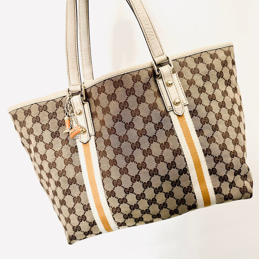 Gucci Beige GG Monogram Logo Web Striped Sherry Shoulder Shopper Tote Bag With Charms