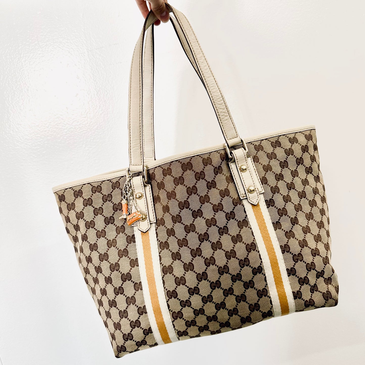 Gucci Beige GG Monogram Logo Web Striped Sherry Shoulder Shopper Tote Bag With Charms