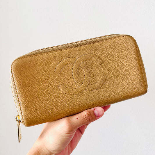 Chanel Beige GHW Caviar Leather Giant CC Logo Zip Around Zippy Vintage Long Wallet 9s