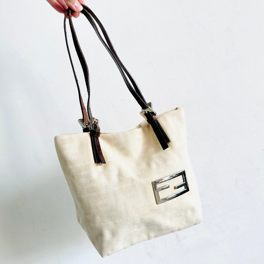 Fendi White Zucca FF Monogram Logo Mamma Hobo Shopper Shoulder Tote Bag