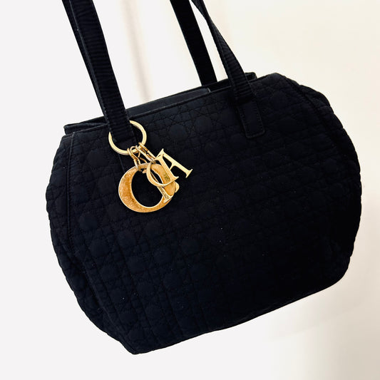 Christian Dior CD Black GHW Lady Dior Quilted Cannage Nylon Monogram Logo Vintage Shoulder Sling Tote Bag