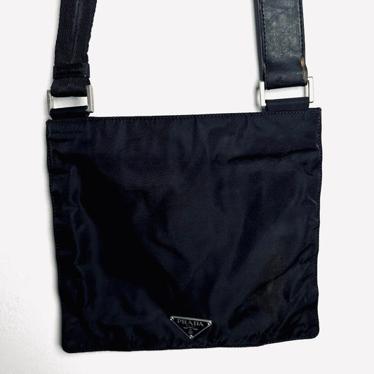 Prada Black Tessuto Monogram Logo Nylon & Leather Shoulder Sling Bag