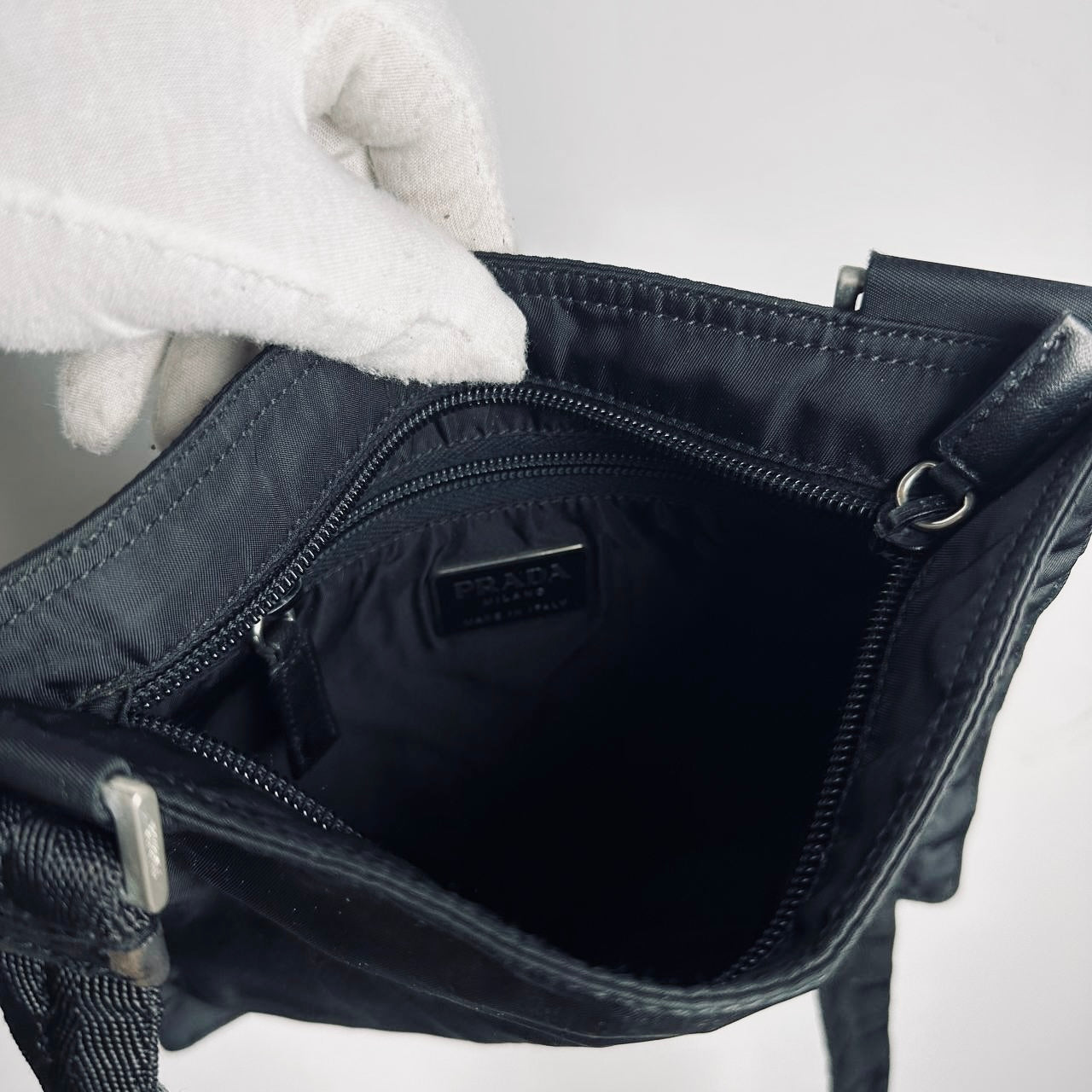 Prada Black Tessuto Monogram Logo Nylon & Leather Shoulder Sling Bag